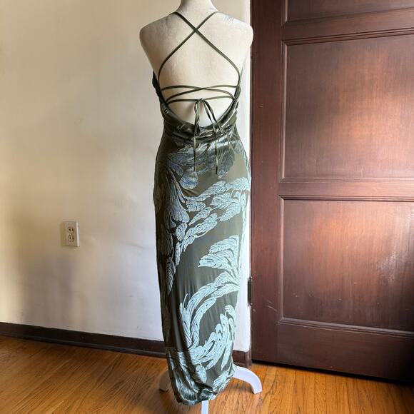 Oh POLLY Green Burnout Velvet Cowl neck Midi Dress Ekin-Su Strappy Back Size  6 - Picture 5 of 6